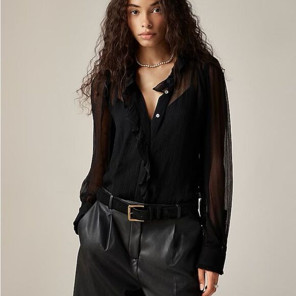 NWT J CREW Ruffle button-up shirt in crinkle chiffon in black - Picture 1 of 7